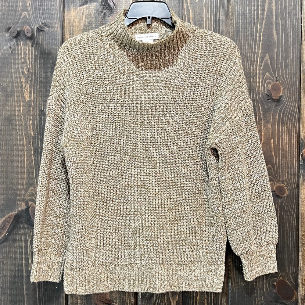 Cupcakes & Cashmere Cotton Shaker Knit Mock Neck Marled Sweater XS Olive Green